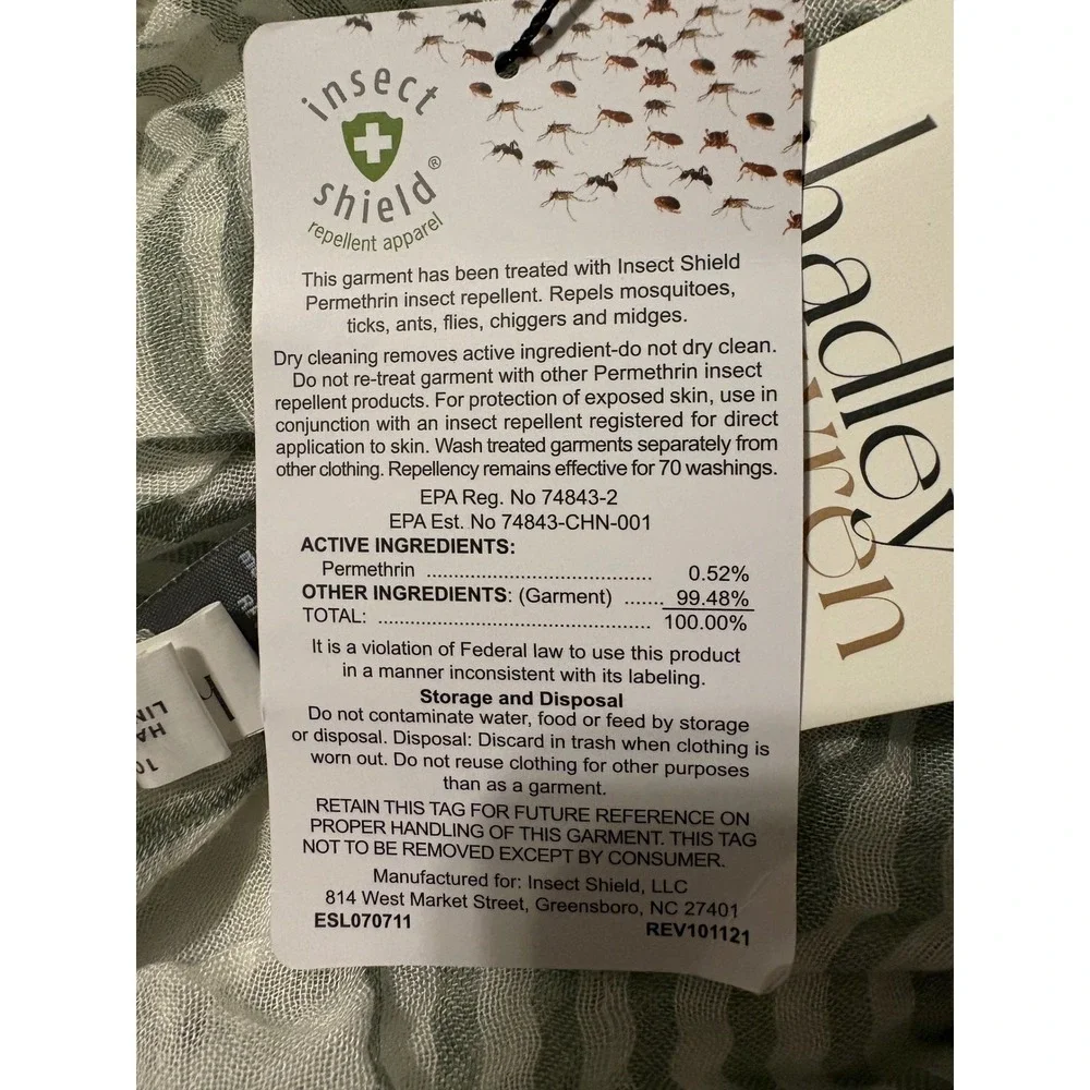 Hadley Wren Insect Shield Scarf Green White Striped Repellent Apparel NWT
